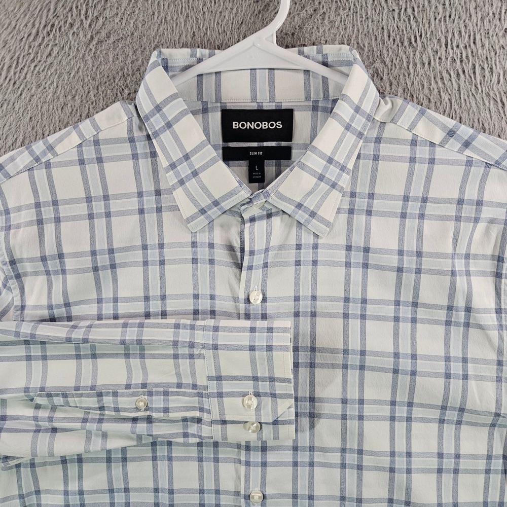 Bonobos Slim Fit Plaid Button Down Shirt Mens L Blue White Nylon Spandex Stretch